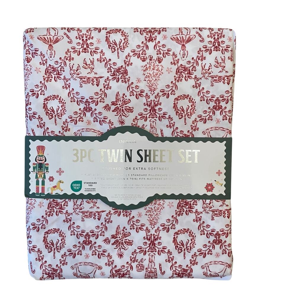 Envogue TWIN 4pc Sheet Set Nutcracker Toile Christmas Bedding Red & White New
